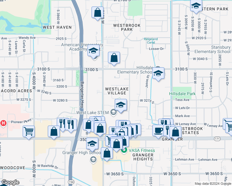 map of restaurants, bars, coffee shops, grocery stores, and more near 3518 South Westgene Circle in West Valley City
