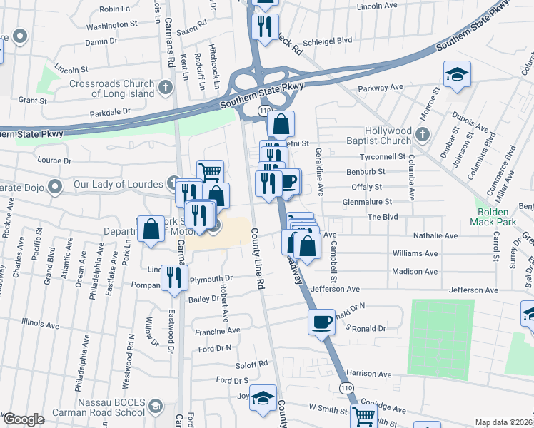map of restaurants, bars, coffee shops, grocery stores, and more near 831 County Line Road in Amityville