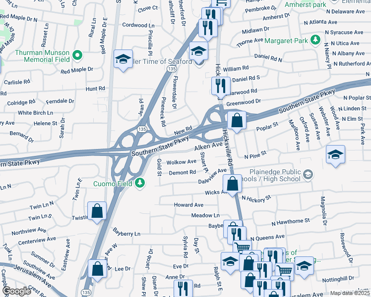 map of restaurants, bars, coffee shops, grocery stores, and more near 3986 Alken Avenue in North Wantagh