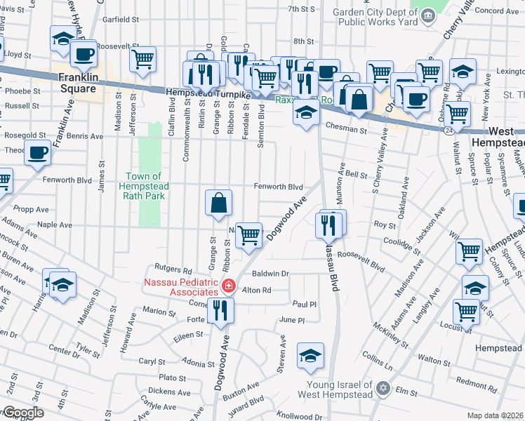 map of restaurants, bars, coffee shops, grocery stores, and more near 248 Semton Boulevard in Franklin Square