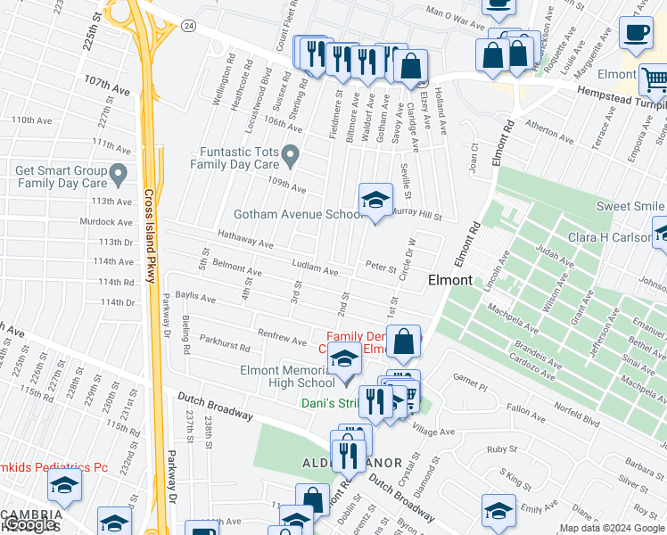 map of restaurants, bars, coffee shops, grocery stores, and more near 130 Ludlam Avenue in Elmont