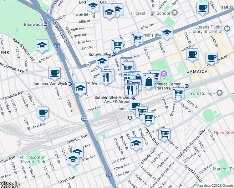 map of restaurants, bars, coffee shops, grocery stores, and more near 90-40 144th Place in Queens