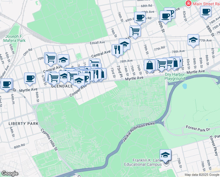map of restaurants, bars, coffee shops, grocery stores, and more near 72-34 Indiana Avenue in Queens