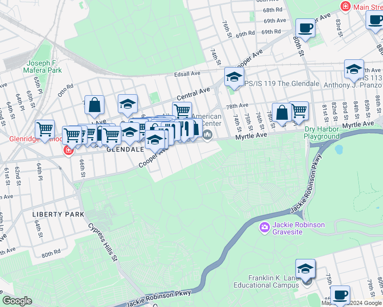 map of restaurants, bars, coffee shops, grocery stores, and more near 73-38 72nd Street in Queens