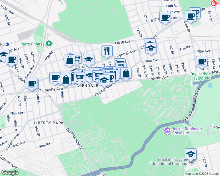 map of restaurants, bars, coffee shops, grocery stores, and more near 73-20 70th Street in Queens