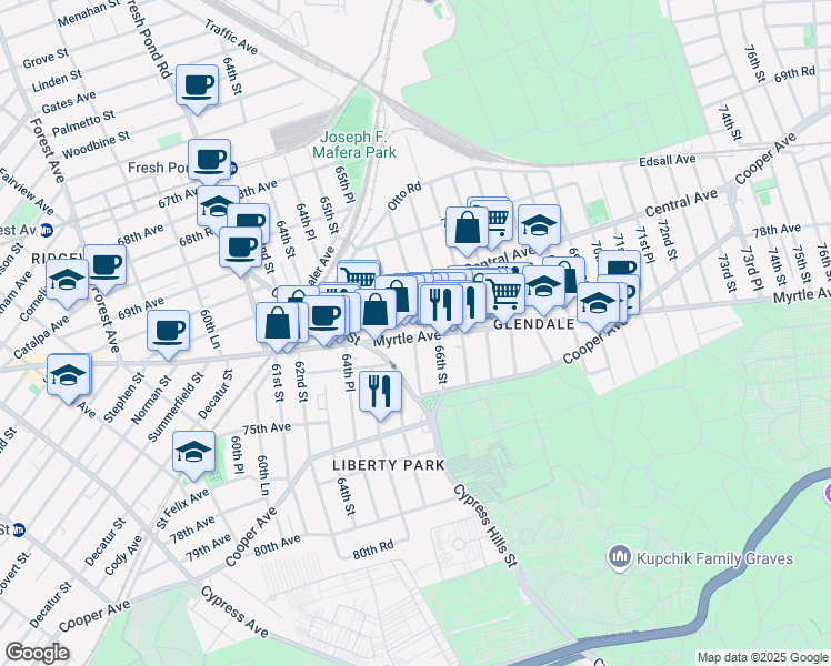 map of restaurants, bars, coffee shops, grocery stores, and more near 65-58 Myrtle Avenue in Queens