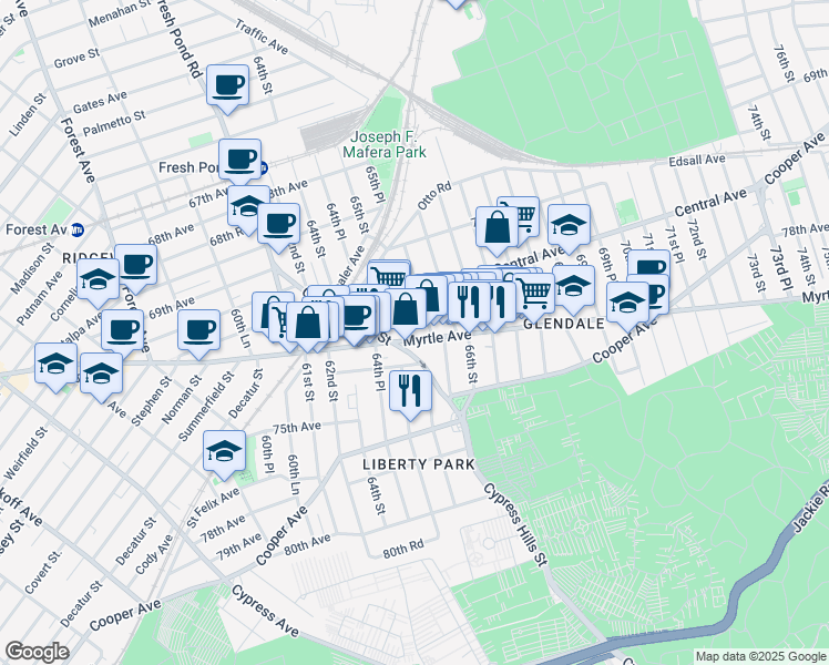 map of restaurants, bars, coffee shops, grocery stores, and more near 65-8 Myrtle Avenue in Queens