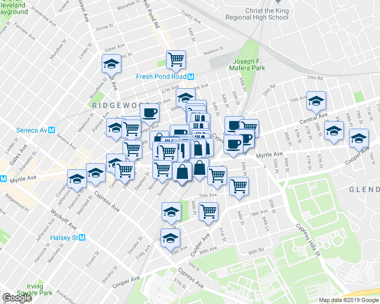 map of restaurants, bars, coffee shops, grocery stores, and more near 60-63 Myrtle Avenue in Queens