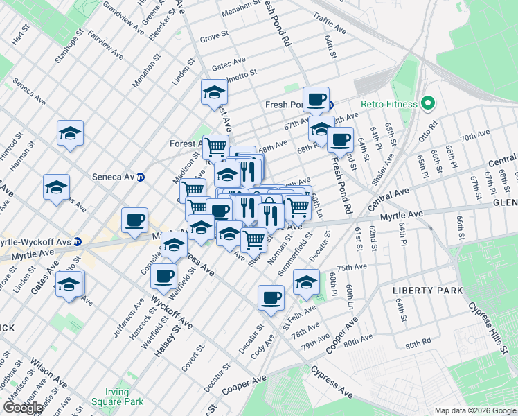 map of restaurants, bars, coffee shops, grocery stores, and more near 58-2 Myrtle Avenue in Queens