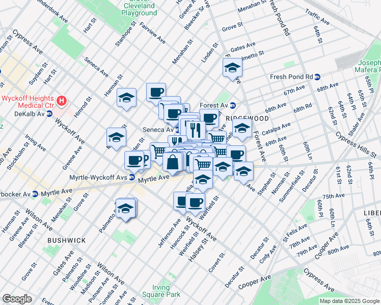 map of restaurants, bars, coffee shops, grocery stores, and more near in Queens