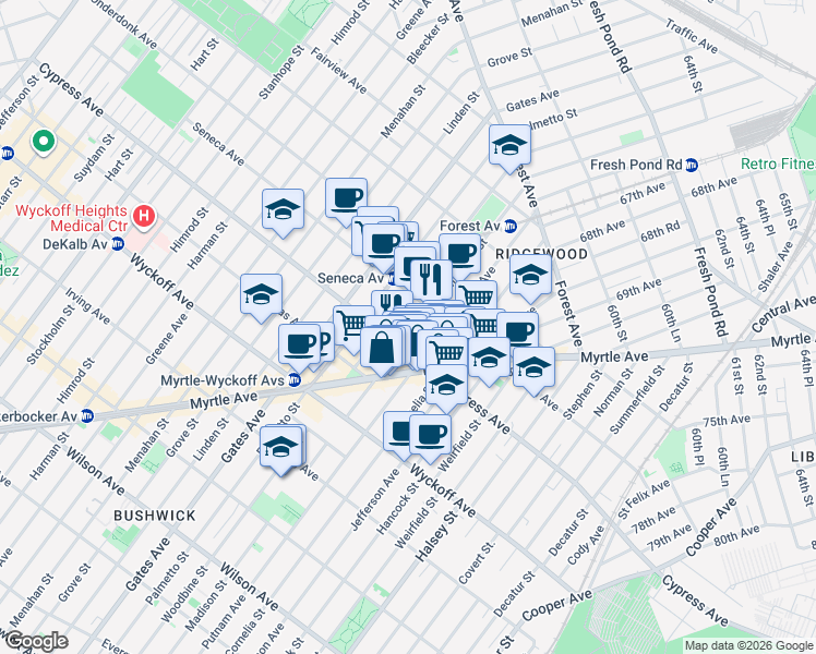 map of restaurants, bars, coffee shops, grocery stores, and more near in Queens