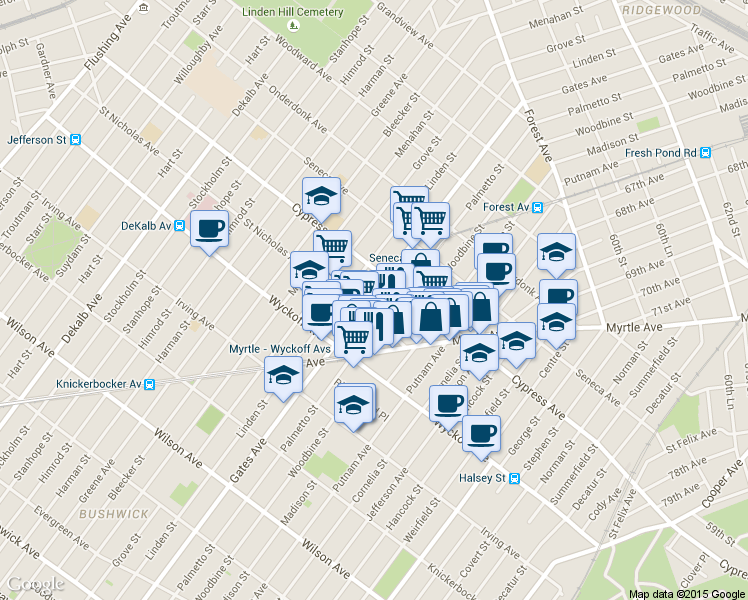 map of restaurants, bars, coffee shops, grocery stores, and more near 1645 Palmetto Street in Queens