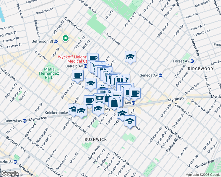 map of restaurants, bars, coffee shops, grocery stores, and more near 337 Bleecker Street in Brooklyn