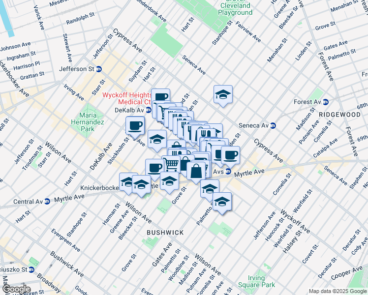 map of restaurants, bars, coffee shops, grocery stores, and more near 337 Bleecker Street in Brooklyn