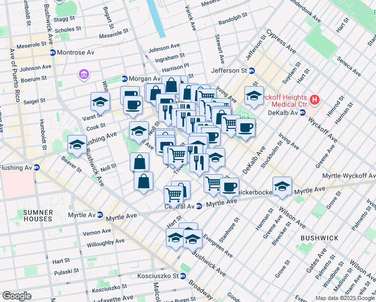 map of restaurants, bars, coffee shops, grocery stores, and more near 174 Jefferson Street in Brooklyn