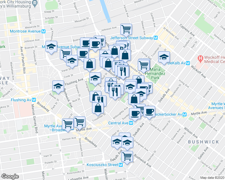 map of restaurants, bars, coffee shops, grocery stores, and more near 69 Melrose Street in Brooklyn