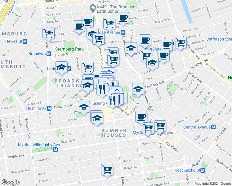 map of restaurants, bars, coffee shops, grocery stores, and more near 793 Flushing Avenue in Brooklyn