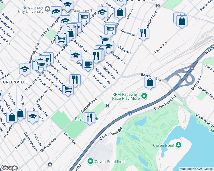 map of restaurants, bars, coffee shops, grocery stores, and more near 593 Garfield Avenue in Jersey City