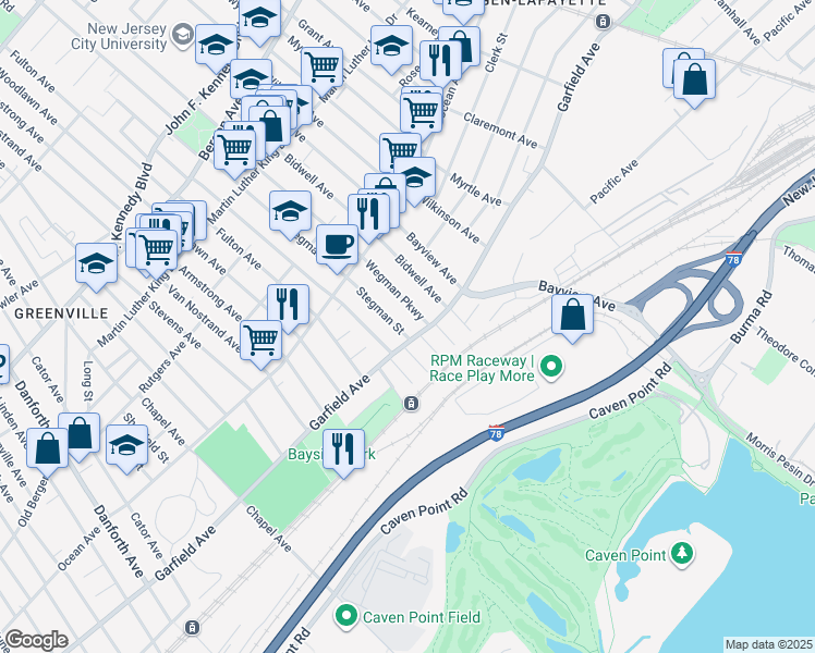 map of restaurants, bars, coffee shops, grocery stores, and more near 593 Garfield Avenue in Jersey City