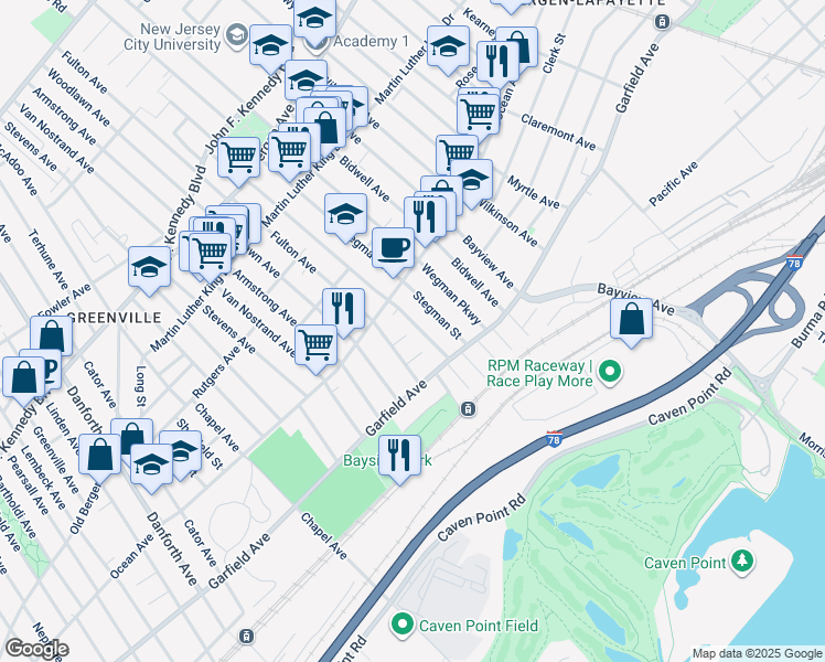map of restaurants, bars, coffee shops, grocery stores, and more near 17 Bayside Place in Jersey City