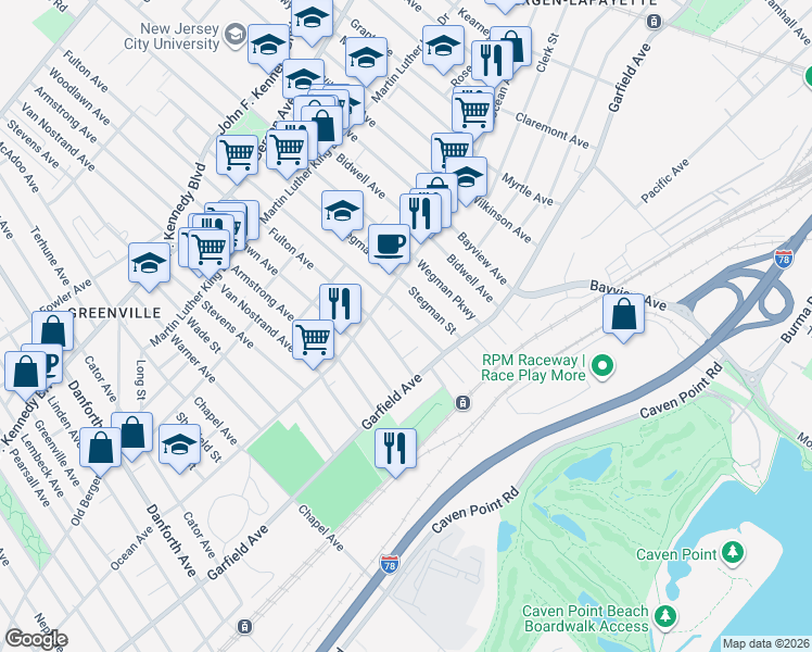 map of restaurants, bars, coffee shops, grocery stores, and more near 17 Bayside Place in Jersey City