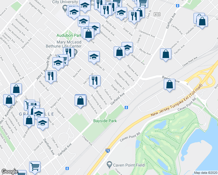 map of restaurants, bars, coffee shops, grocery stores, and more near 17 Bayside Place in Jersey City
