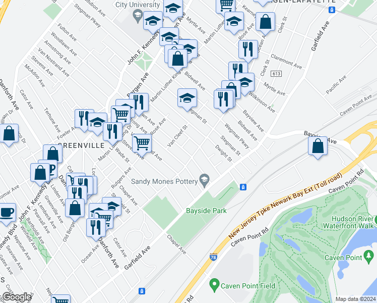 map of restaurants, bars, coffee shops, grocery stores, and more near 415 Ocean Avenue in Jersey City