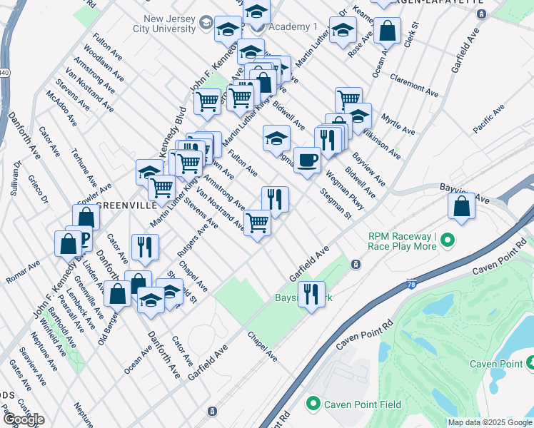 map of restaurants, bars, coffee shops, grocery stores, and more near 415 Ocean Avenue in Jersey City