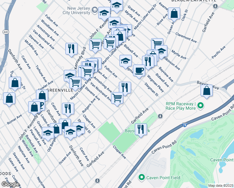 map of restaurants, bars, coffee shops, grocery stores, and more near 93 Armstrong Avenue in Jersey City