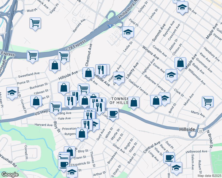 map of restaurants, bars, coffee shops, grocery stores, and more near 311 Florence Avenue in Hillside