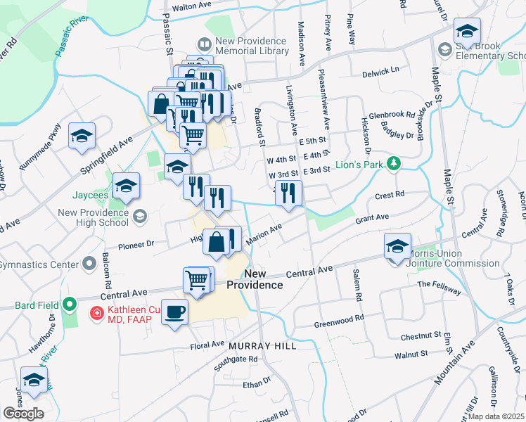 map of restaurants, bars, coffee shops, grocery stores, and more near 20 Dunlap Street in New Providence
