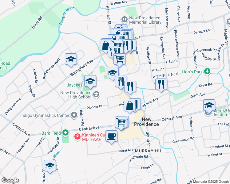 map of restaurants, bars, coffee shops, grocery stores, and more near 26 Westview Avenue in New Providence