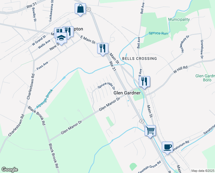 map of restaurants, bars, coffee shops, grocery stores, and more near 513 Spruce Hills Drive in Glen Gardner