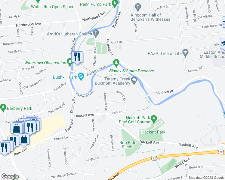 map of restaurants, bars, coffee shops, grocery stores, and more near 2041 Hillcrest Drive in Easton