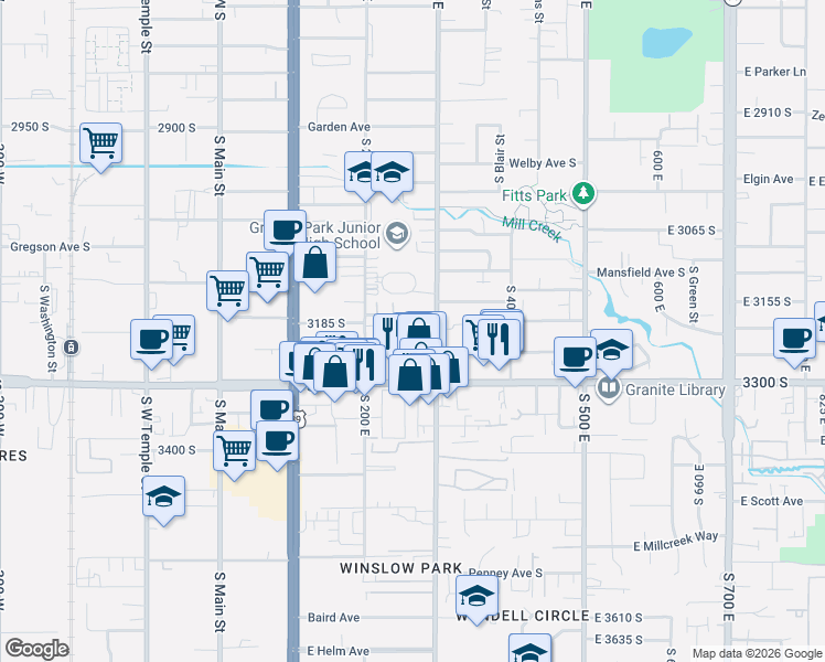 map of restaurants, bars, coffee shops, grocery stores, and more near 3198 South 300 East in Salt Lake City