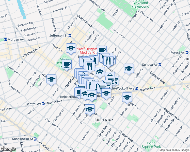 map of restaurants, bars, coffee shops, grocery stores, and more near Irving Avenue & Himrod Street in Brooklyn