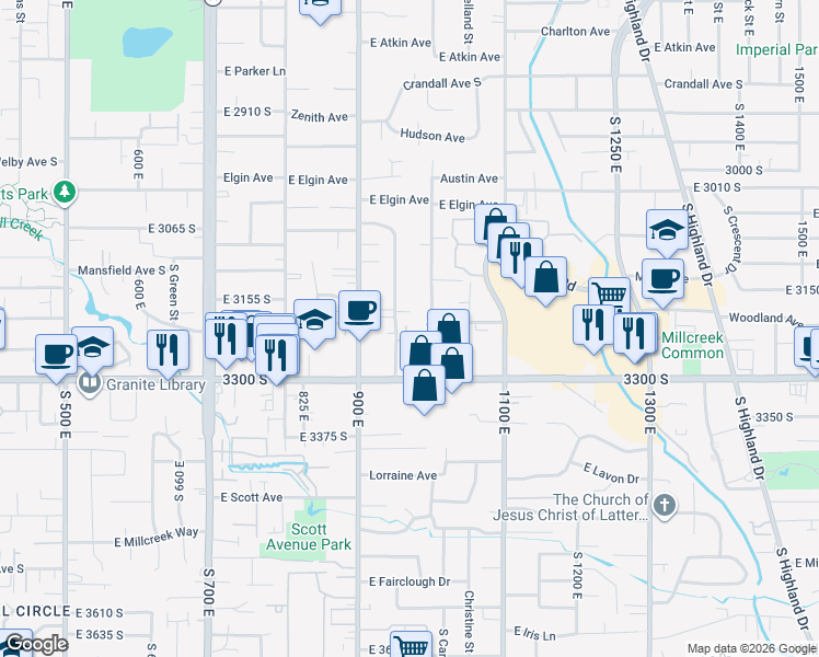 map of restaurants, bars, coffee shops, grocery stores, and more near 3193 South 945 East in Millcreek