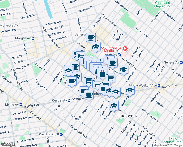map of restaurants, bars, coffee shops, grocery stores, and more near 342 Knickerbocker Avenue in Brooklyn