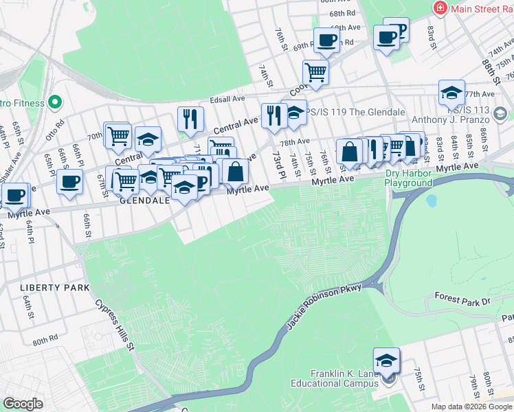 map of restaurants, bars, coffee shops, grocery stores, and more near 72-34 Indiana Avenue in Queens