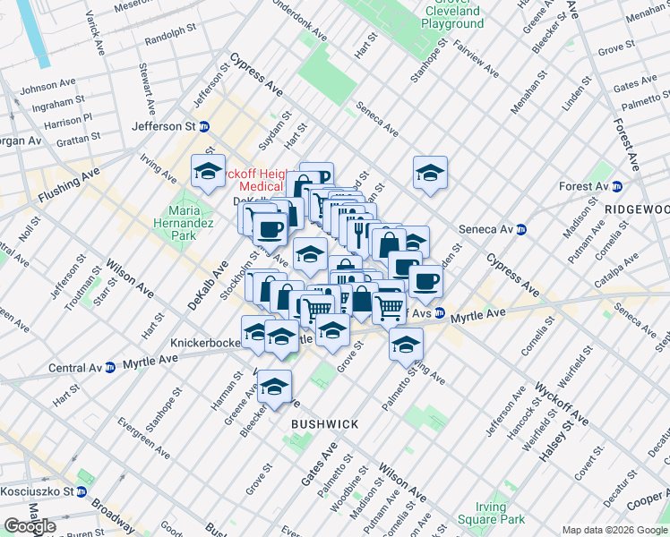 map of restaurants, bars, coffee shops, grocery stores, and more near 1395 Greene Avenue in Brooklyn