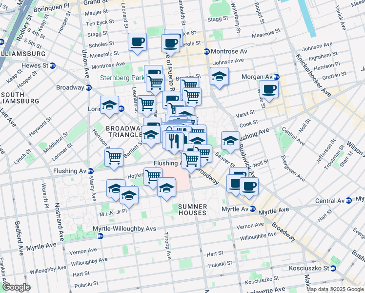 map of restaurants, bars, coffee shops, grocery stores, and more near 20 Graham Avenue in Brooklyn