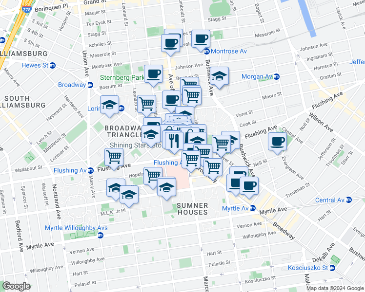 map of restaurants, bars, coffee shops, grocery stores, and more near 20 Graham Avenue in Brooklyn