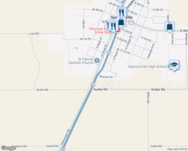 map of restaurants, bars, coffee shops, grocery stores, and more near 2501 Kleinoeder Road in Spencerville