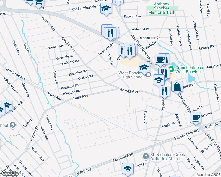 map of restaurants, bars, coffee shops, grocery stores, and more near 615 Albin Avenue in West Babylon