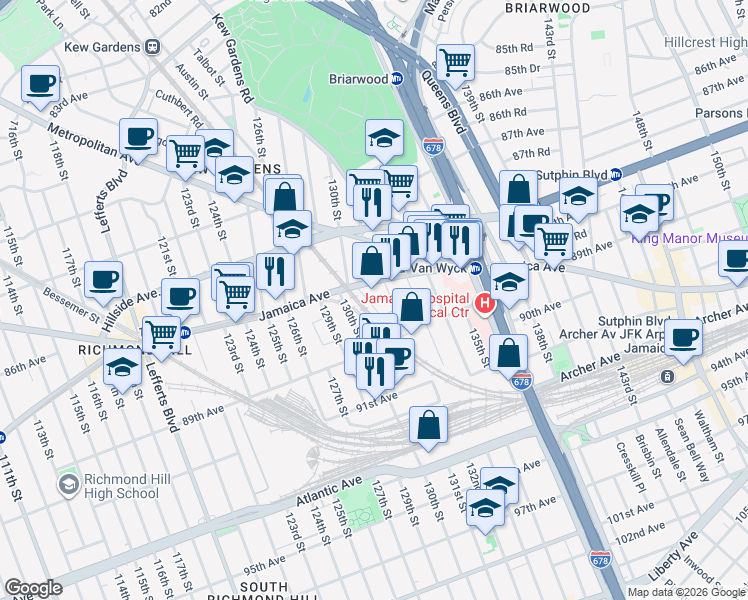 map of restaurants, bars, coffee shops, grocery stores, and more near 8713 130th Street in Queens