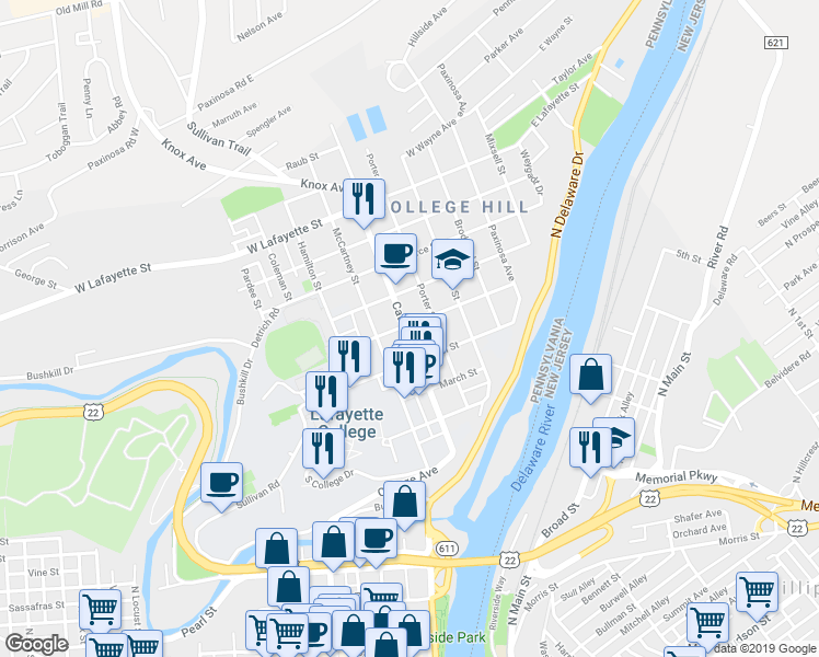 map of restaurants, bars, coffee shops, grocery stores, and more near 337 Cattell Street in Easton