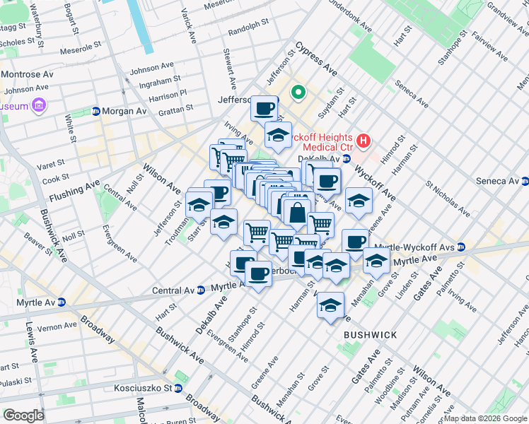 map of restaurants, bars, coffee shops, grocery stores, and more near 342 Knickerbocker Avenue in Brooklyn