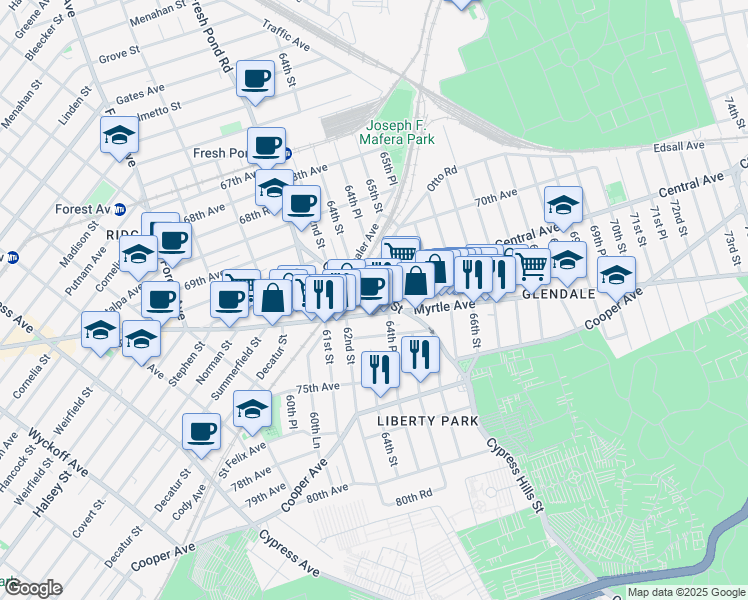 map of restaurants, bars, coffee shops, grocery stores, and more near 64 Myrtle Avenue in Queens