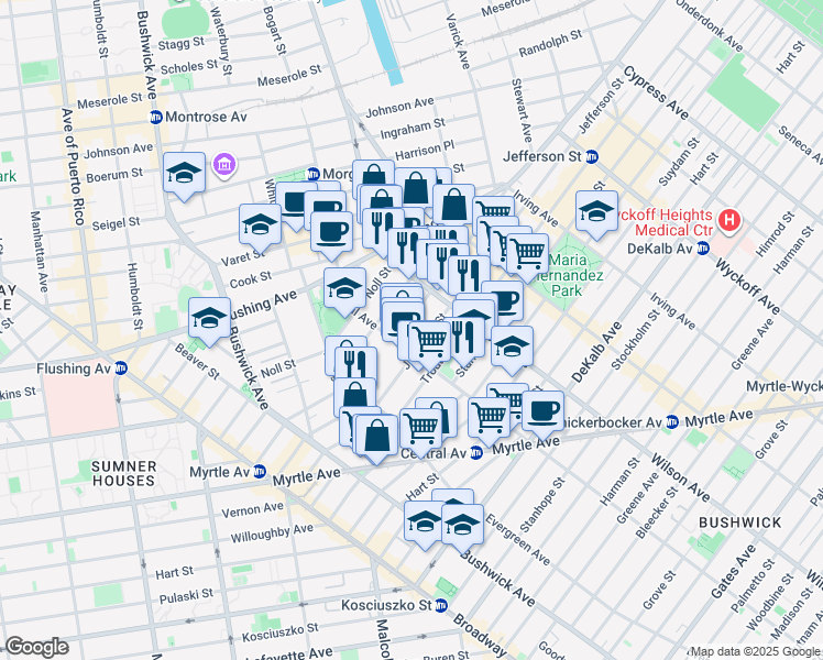 map of restaurants, bars, coffee shops, grocery stores, and more near 69 Melrose Street in Brooklyn