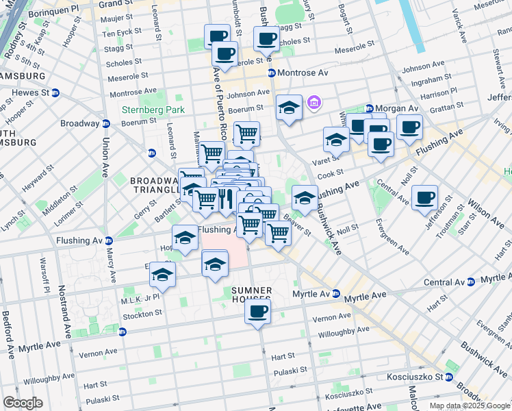 map of restaurants, bars, coffee shops, grocery stores, and more near 793 Flushing Avenue in Brooklyn